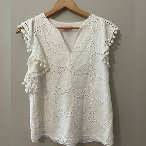 Lilly Pulitzer White Eyelet Pom Pom Trim Sleeveless V-Neck Blouse Top XXS